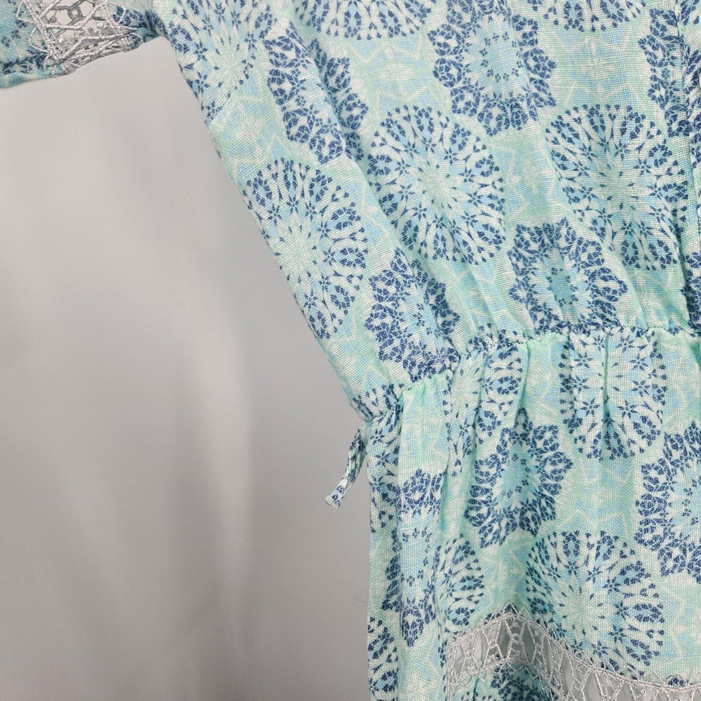 Temptation Positano Puebla Linen Dress Green Blue Medallion Lace Trim Mini Sz S - Picture 9 of 13